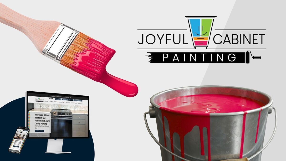 Joyful Cabinet Painting logo and website with paintbrush painting pink paint